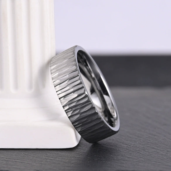 Minimalist Geometric Hammered Flat Band Ring In Naturaltone Electroplated Tungsten Steel For Men And Women