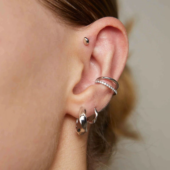 Minimalist Geometric Irregular Concave Convex Ear Cuff Earrings With Silver Needle And Copper Textured Round Electroplated Design