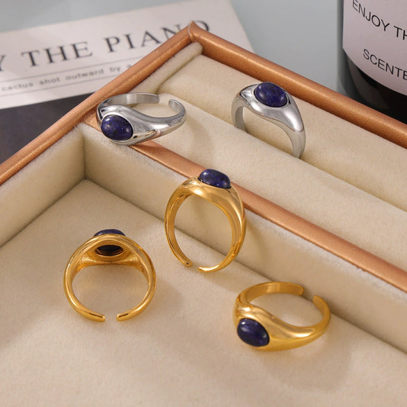 Minimalist Geometric Lapis Inlaid 316L Stainless Steel Goldplated Women's Ring