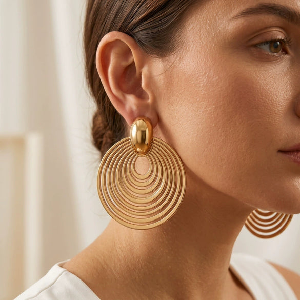 Minimalist Geometric Layered Copper Drop Earrings With Intertwined Studs Exaggerated Round Pendants And Electroplated Finish For Women
