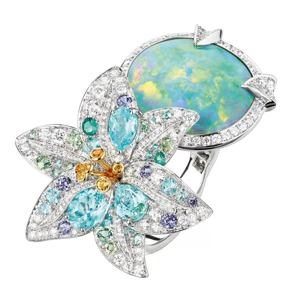 Minimalist Geometric Lily Opal And Zircon Inlay Ring Electroplated Metal Unisex Fashion Jewelry Wholesale