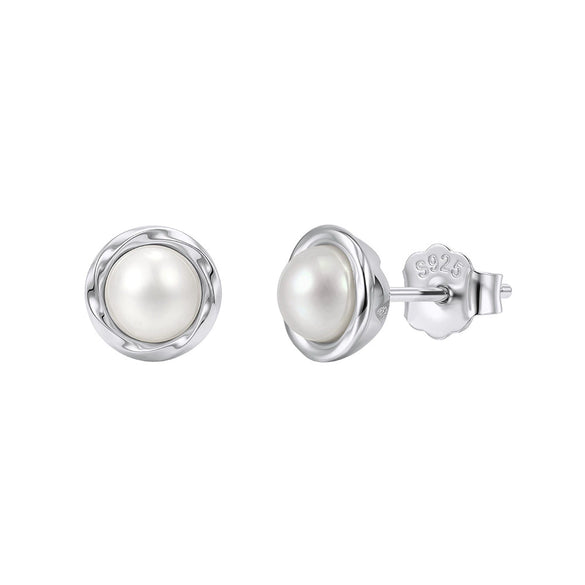 Minimalist Geometric Round Pearl 925 Silver Earrings With Zirconia For Women