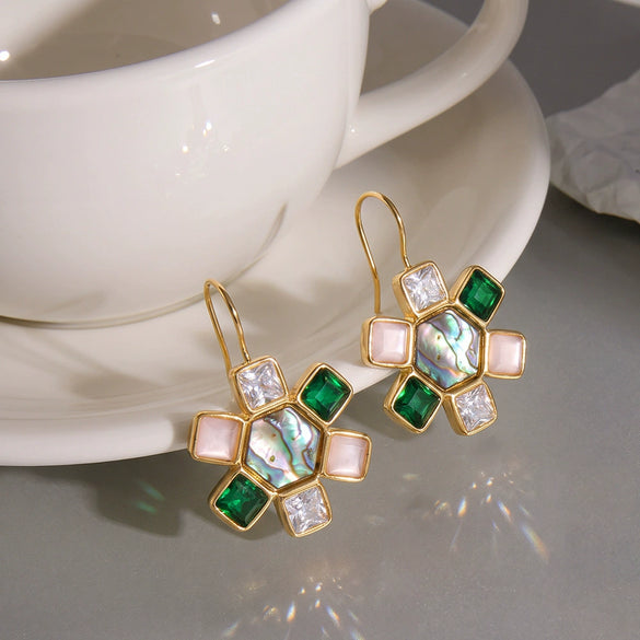 Minimalist Geometric Seashell Earrings With Zircon Accents Stainless Steel With Eighteen Karat Gold Plating For Women