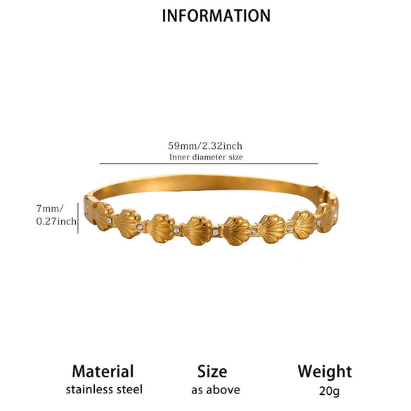 Minimalist Geometric Stainless Steel Open Bangle Bracelet With Shell And Floral Texture Glossy 18K Gold Plated Finish For Women