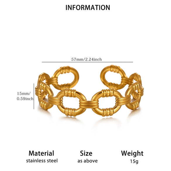 Minimalist Geometric Stainless Steel Open Bangle Bracelet With Shell And Floral Texture Glossy 18K Gold Plated Finish For Women