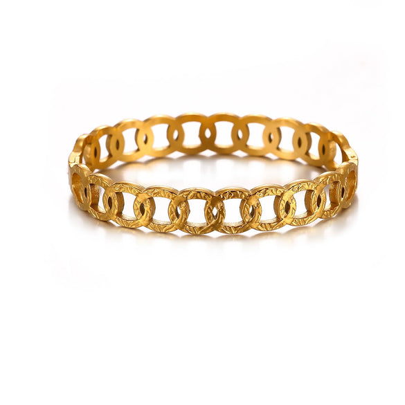 Minimalist Geometric Stainless Steel Open Bangle Bracelet With Shell And Floral Texture Glossy 18K Gold Plated Finish For Women