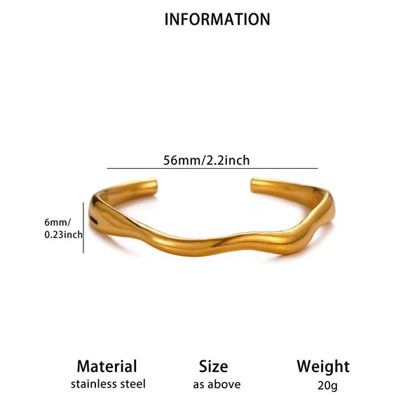 Minimalist Geometric Stainless Steel Open Bangle Bracelet With Shell And Floral Texture Glossy 18K Gold Plated Finish For Women