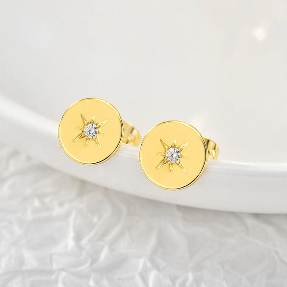 Minimalist Geometric Star Copper Stud Earrings With Smooth Round Button Shape And Diamond Studded Detail For Women
