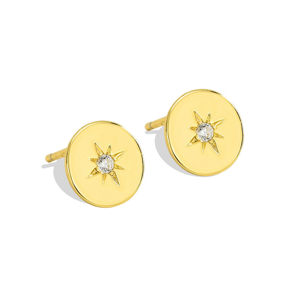 Minimalist Geometric Star Copper Stud Earrings With Smooth Round Button Shape And Diamond Studded Detail For Women