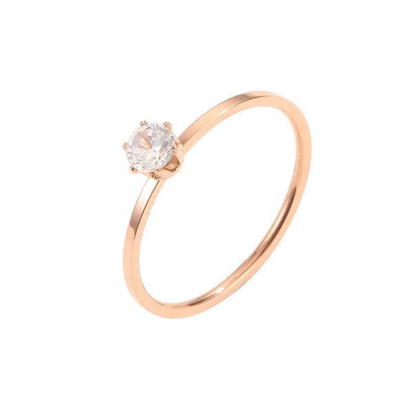 Minimalist Geometric Titanium Steel Ring With Six Prong Diamond Style Inlay Rose Finish Unisex Fine Jewelry