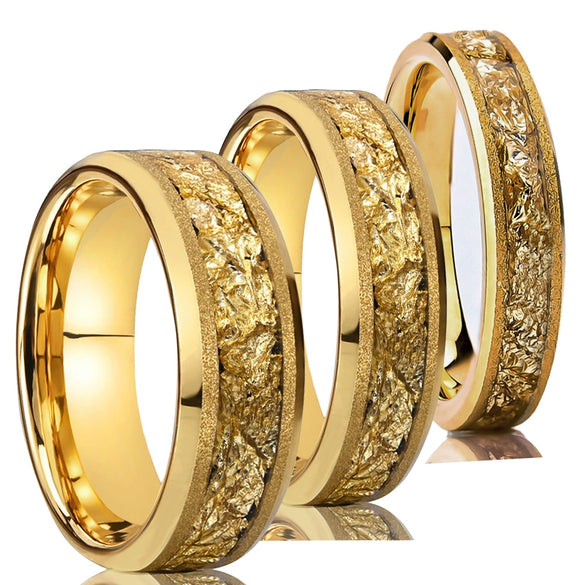 Minimalist Geometric Tungsten Steel Couple Rings With Gold Sandblasted Electroplated Finish And Gold Foil Detail Unisex Matching Rings