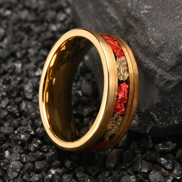 Minimalist Geometric Tungsten Steel Ring With Gold And Red Foil Inlay And Electroplated Finish For Unisex Jewelry