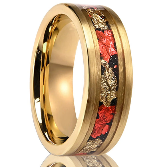 Minimalist Geometric Tungsten Steel Ring With Gold And Red Foil Inlay And Electroplated Finish For Unisex Jewelry