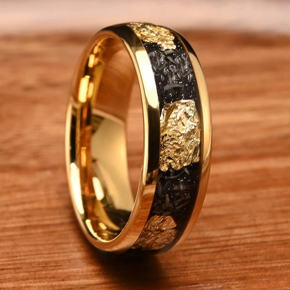 Minimalist Geometric Tungsten Steel Ring With Gold Tone Electroplated Broken Gold Foil Meteorite Inlay For Men And Women