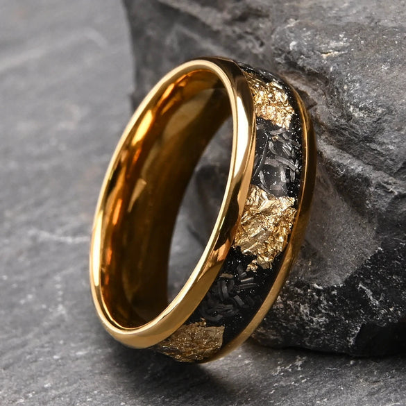 Minimalist Geometric Tungsten Steel Ring With Gold Tone Electroplated Broken Gold Foil Meteorite Inlay For Men And Women