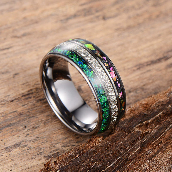 Minimalist Geometric Tungsten Steel Ring With Meteorite And Natural Green Opal Glass Stone Inlay Unisex Jewelry
