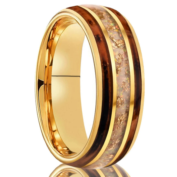 Minimalist Geometric Tungsten Steel Ring With Spherical Design Gold Electroplated Finish Opal And Gold Foil Inlay And Barrelshaped Oak Wood Accent