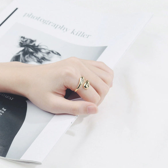 Minimalist Glossy Water Drop Adjustable Open Ring Copper Electroplated Geometric Unisex Fashion Jewelry