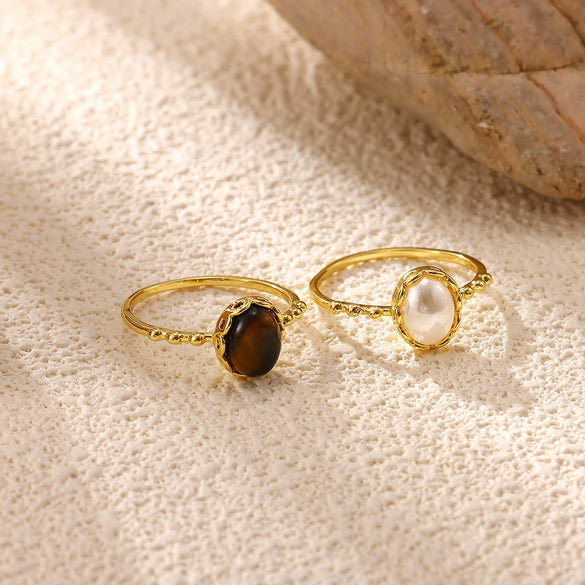 Minimalist Gold Plated Copper Open Ring With Natural Stone And Pearl Oval Geometric Design Unisex Jewelry