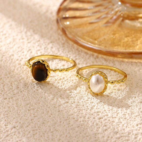 Minimalist Gold Plated Copper Open Ring With Natural Stone And Pearl Oval Geometric Design Unisex Jewelry