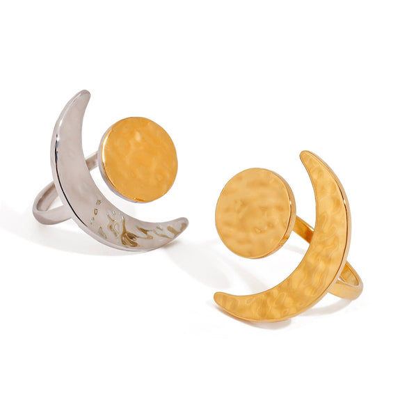 Minimalist Hammer Pattern Geometric Gold And Silver Moon Sun Adjustable Opening Titanium Steel Ring