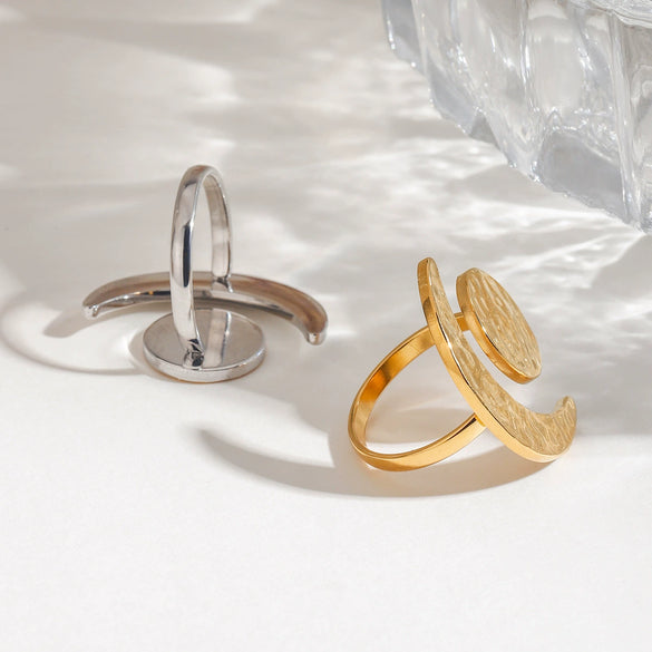 Minimalist Hammer Pattern Geometric Gold And Silver Moon Sun Adjustable Opening Titanium Steel Ring