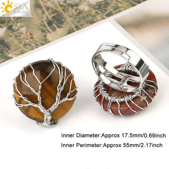 Minimalist Handmade Crystal Open Adjustable Ring With Natural Stone Arc Surface And Tree Of Life Design For Unisex Wear