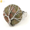 Minimalist Handmade Crystal Open Adjustable Ring With Natural Stone Arc Surface And Tree Of Life Design For Unisex Wear