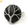 Minimalist Handmade Crystal Open Adjustable Ring With Natural Stone Arc Surface And Tree Of Life Design For Unisex Wear