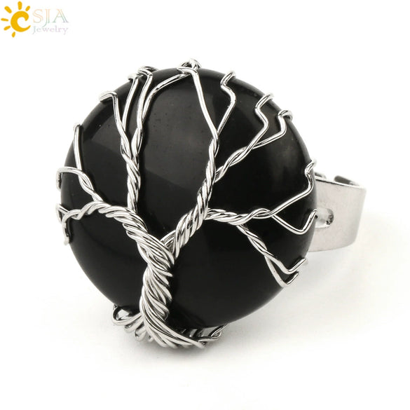 Minimalist Handmade Crystal Open Adjustable Ring With Natural Stone Arc Surface And Tree Of Life Design For Unisex Wear