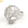 Minimalist Handmade Crystal Open Adjustable Ring With Natural Stone Arc Surface And Tree Of Life Design For Unisex Wear