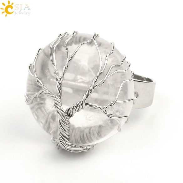 Minimalist Handmade Crystal Open Adjustable Ring With Natural Stone Arc Surface And Tree Of Life Design For Unisex Wear