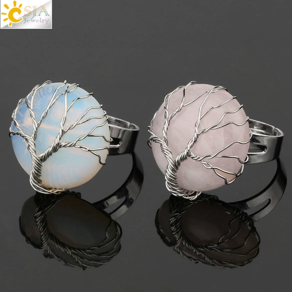 Minimalist Handmade Crystal Open Adjustable Ring With Natural Stone Arc Surface And Tree Of Life Design For Unisex Wear