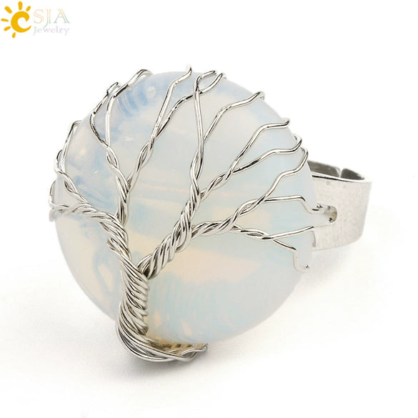 Minimalist Handmade Crystal Open Adjustable Ring With Natural Stone Arc Surface And Tree Of Life Design For Unisex Wear