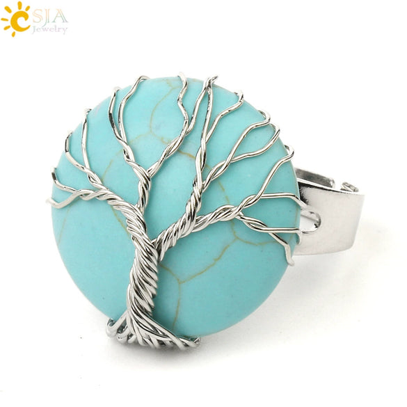 Minimalist Handmade Crystal Open Adjustable Ring With Natural Stone Arc Surface And Tree Of Life Design For Unisex Wear