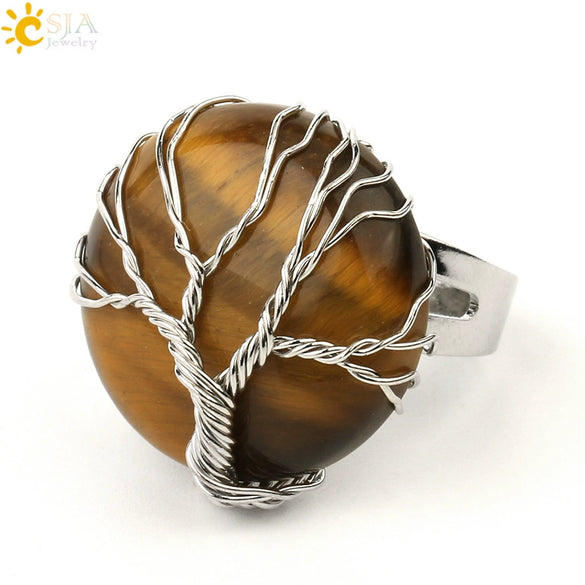 Minimalist Handmade Crystal Open Adjustable Ring With Natural Stone Arc Surface And Tree Of Life Design For Unisex Wear