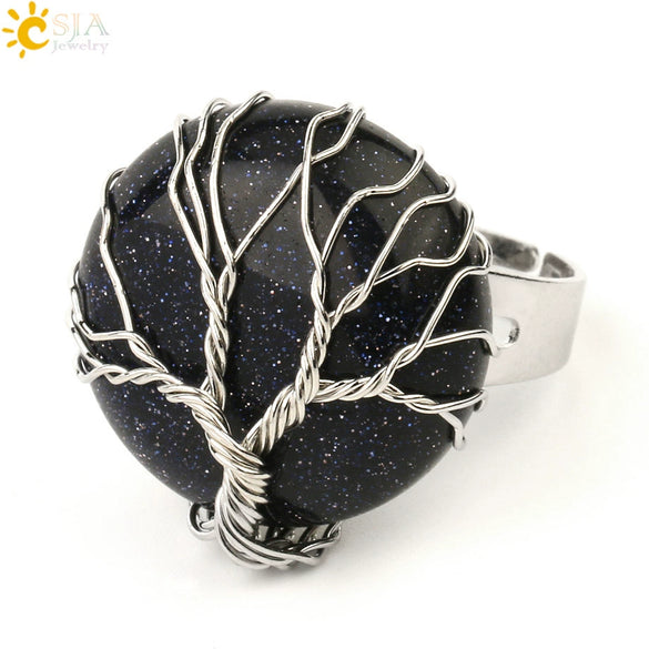 Minimalist Handmade Crystal Open Adjustable Ring With Natural Stone Arc Surface And Tree Of Life Design For Unisex Wear