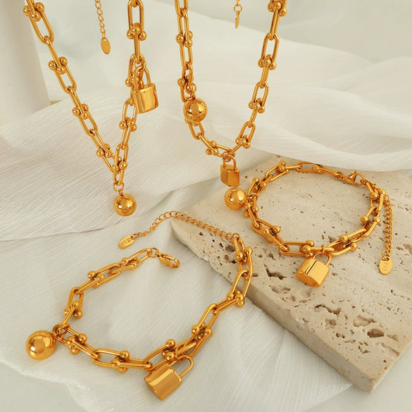 Minimalist Handmade 316L Stainless Steel Round Bead Chain Lock Necklace And Ushaped Chain Bracelet Electroplated Jewelry For Women
