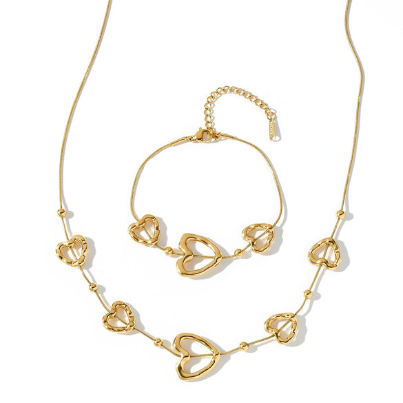Minimalist Heart Pattern Stainless Steel Necklace And Bracelet Set For Women With Gold Vacuum Plated Finish