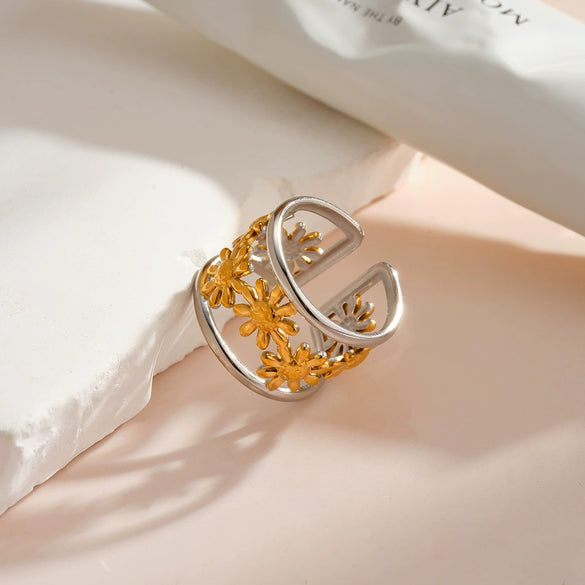 Minimalist Hollow Flower Geometric Stainless Steel Open Ring For Women With Gold Electroplated Finish
