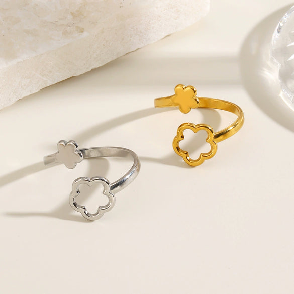 Minimalist Hollow Flower Stainless Steel Ring For Women Electroplated Non Fading Sweet Floral Jewelry