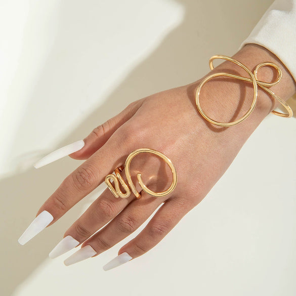 Minimalist Hollow Geometric Iron Bracelet And Open Finger Ring For Women Cold Style Niche Ins Tide