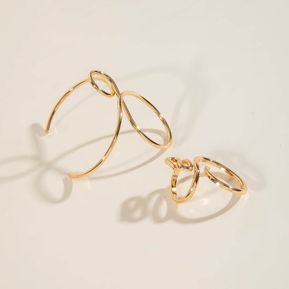 Minimalist Hollow Geometric Iron Bracelet And Open Finger Ring For Women Cold Style Niche Ins Tide