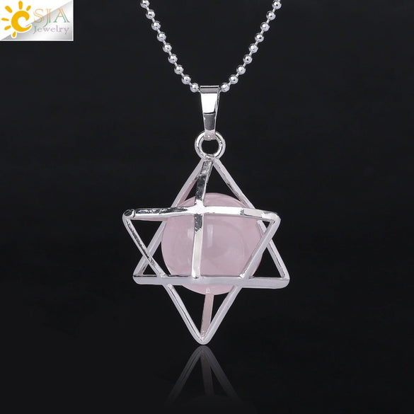 Minimalist Hollow Metal Cage Merkaba Pendant Necklace With Natural Stone Bead Chain Electroplated Crystal Fluorite And Agate Jewelry