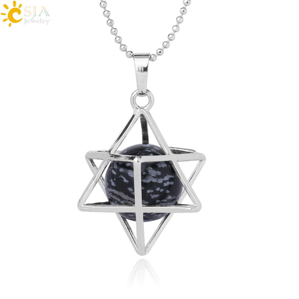 Minimalist Hollow Metal Cage Merkaba Pendant Necklace With Natural Stone Bead Chain Electroplated Crystal Fluorite And Agate Jewelry