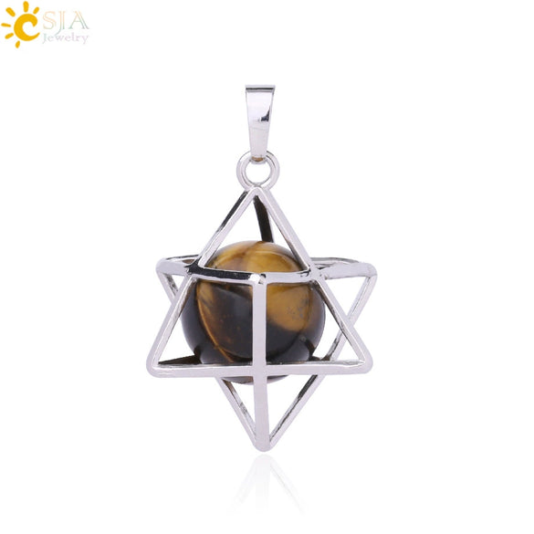 Minimalist Hollow Metal Cage Merkaba Pendant Necklace With Natural Stone Bead Chain Electroplated Crystal Fluorite And Agate Jewelry