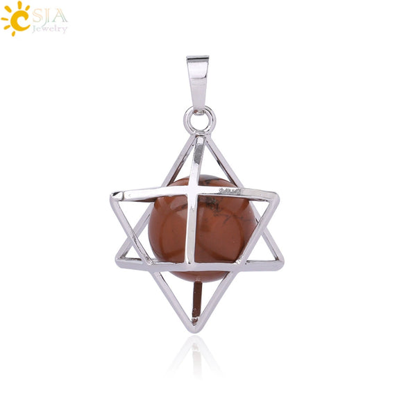 Minimalist Hollow Metal Cage Merkaba Pendant Necklace With Natural Stone Bead Chain Electroplated Crystal Fluorite And Agate Jewelry