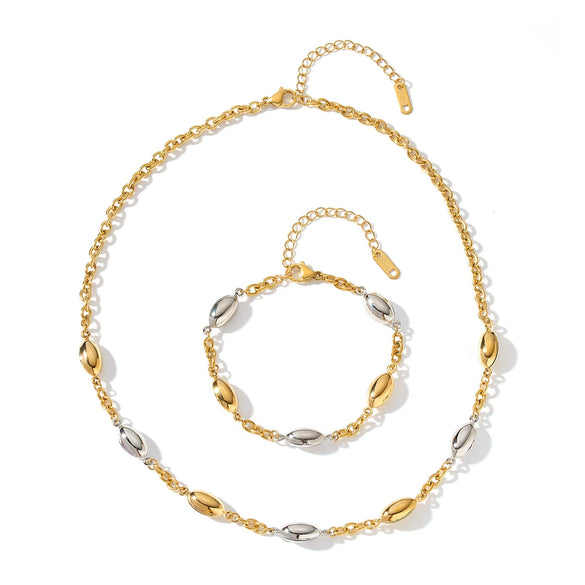 Minimalist 18K Gold Plated Stainless Steel Oval Bead Necklace And Bracelet Set For Women With Geometric Design