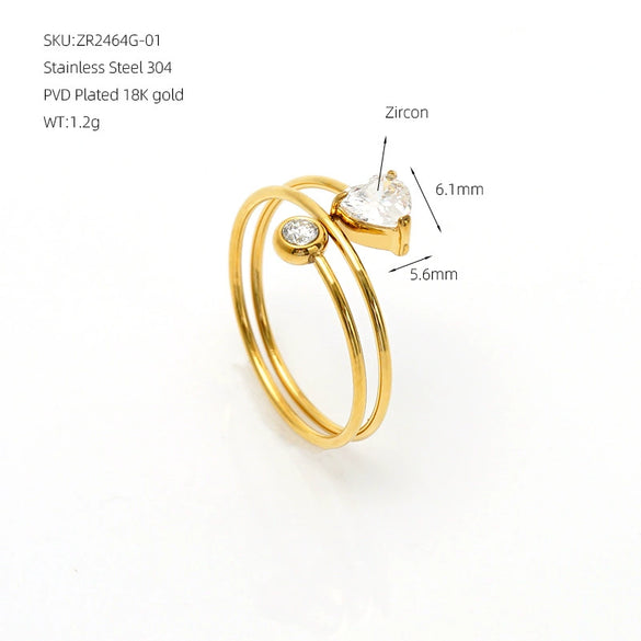 Minimalist Layered Heartshaped Zircon Ring With Multicolor Electroplated Stainless Steel Thin Open Band