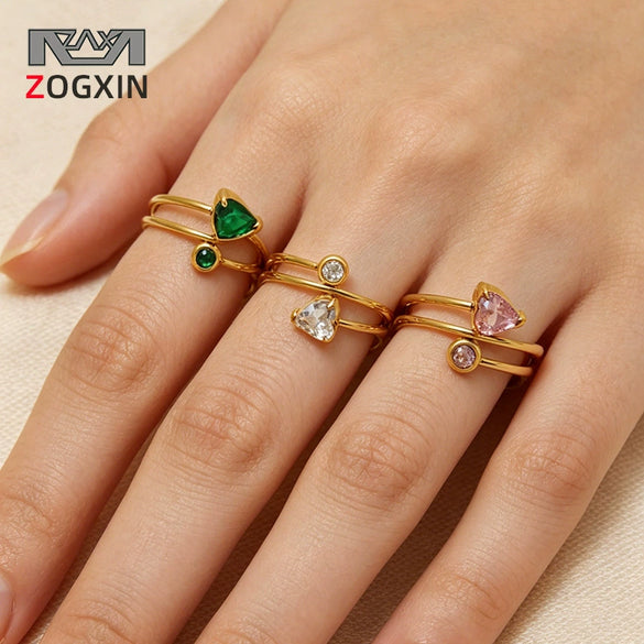 Minimalist Layered Heartshaped Zircon Ring With Multicolor Electroplated Stainless Steel Thin Open Band